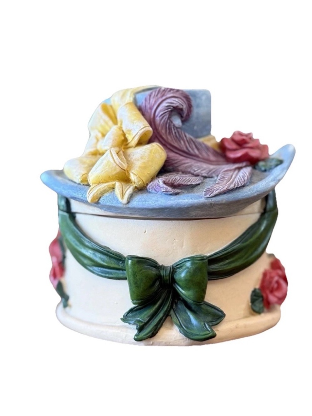 VTG Trinket Box Hat w Floral Accents - Green, Yellow, Pink